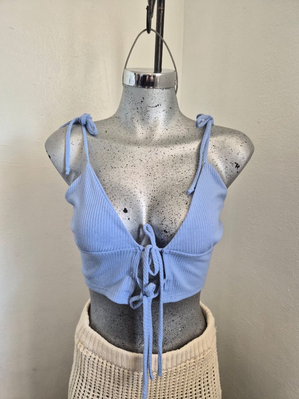Light Blue Ribbed Tie-Front Crop Top